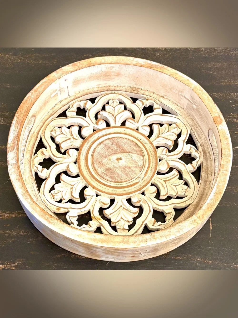 Vintage Hand-Carved Wood Floral Mandala Tray – Whitewash Centerpiece 11.5”